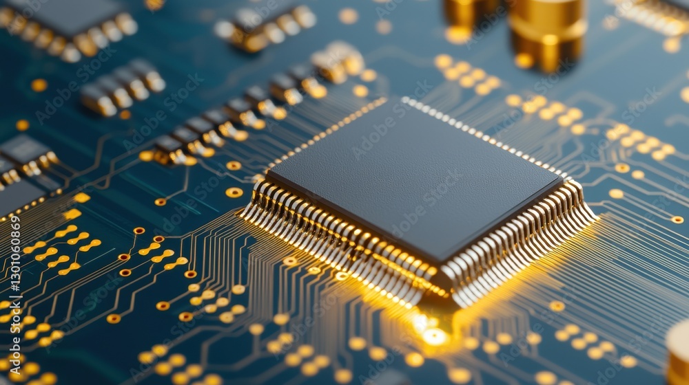 Aufkleber semiconductor circuit board with microchips concept, close-up view of a polished semiconductor board