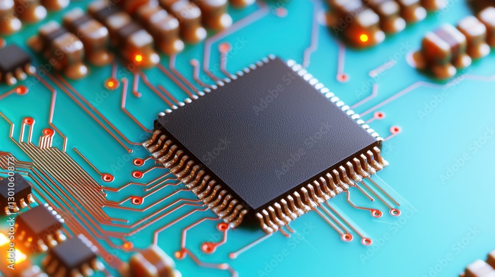 Poster semiconductor circuit board with microchips concept, microchips embedded in high-tech circuit board 