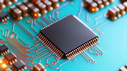 Semiconductor circuit board with microchips Concept, Microchips Embedded in High-Tech Circuit Board with Connections and Components for Electronic Applications