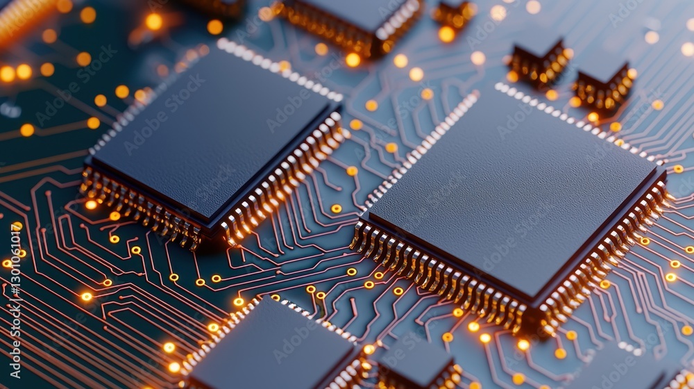 Poster semiconductor circuit board with microchips concept, close-up of reflective microchips mounted on ci