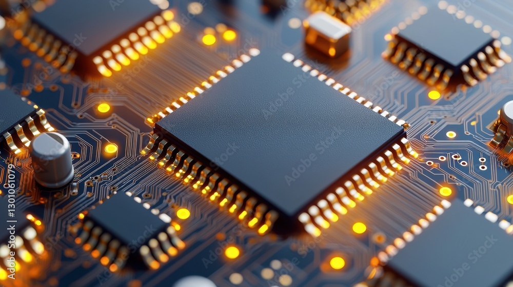 Poster semiconductor circuit board with microchips concept, reflective microchips mounted on circuit board 