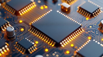 Semiconductor circuit board with microchips Concept, Reflective Microchips Mounted on Circuit Board with Glowing Lights and Intricate Connections