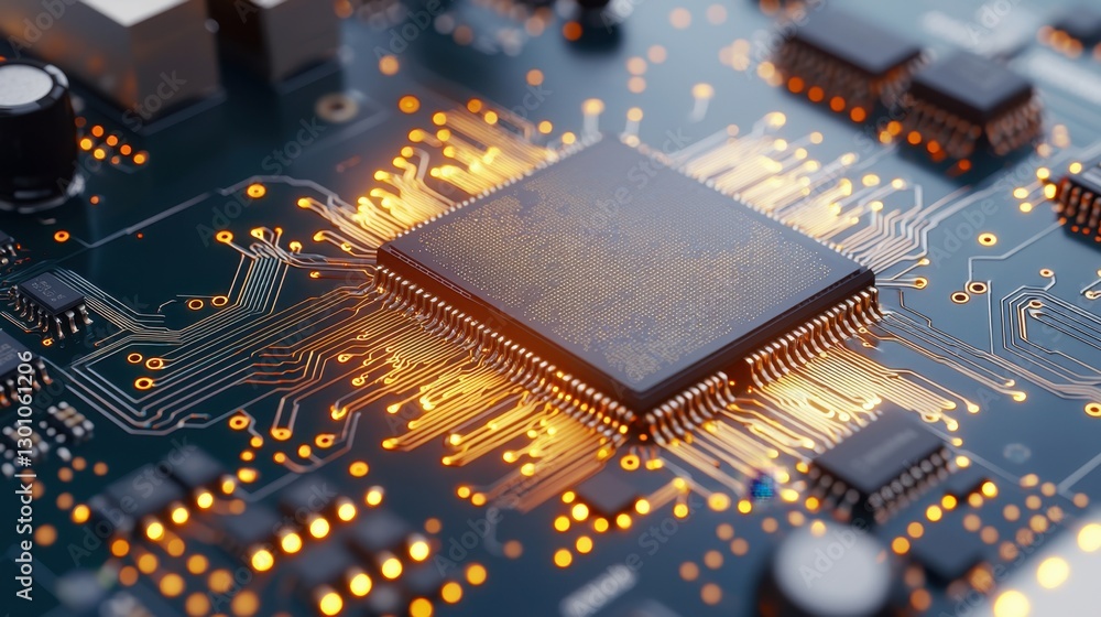 Poster semiconductor circuit board with microchips concept, glowing microchip on semiconductor board with c
