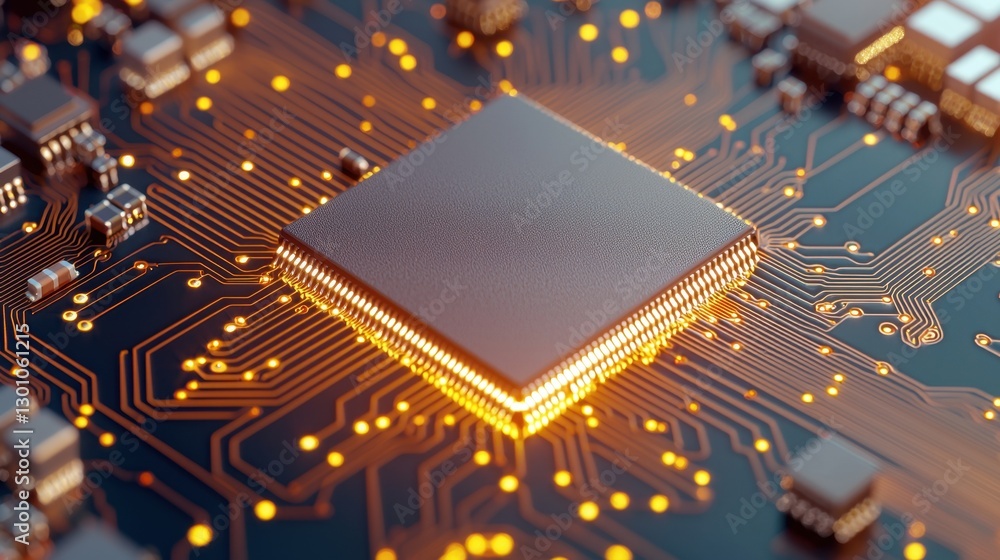 Poster semiconductor circuit board with microchips concept, glowing microchip on circuit board with connect