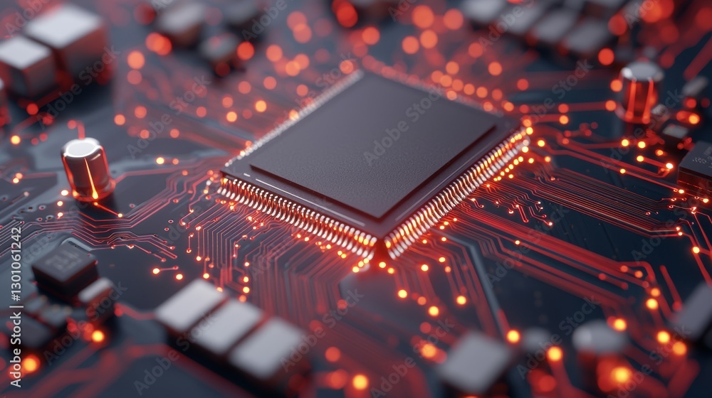 Poster semiconductor circuit board with microchips concept, close-up view of glowing microchip on circuit b