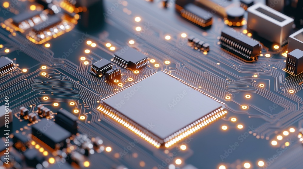 Poster semiconductor circuit board with microchips concept, detailed close-up of a semiconductor circuit bo