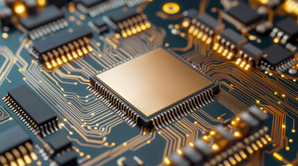 Semiconductor circuit board with microchips Concept, Close-Up of Semiconductor Board with Golden Circuits and Embedded Components for Advanced Technology Applications