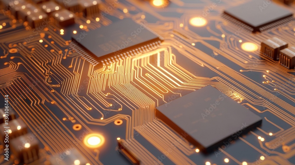 Poster semiconductor circuit board with microchips concept, close-up view of complex semiconductor circuit 