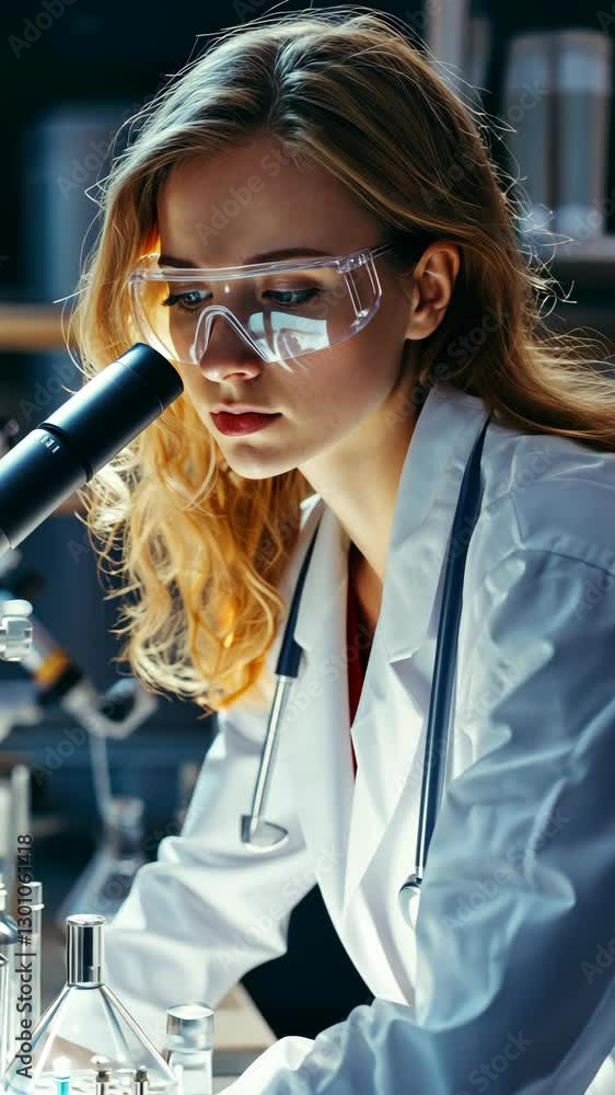 Poster young scientist conducting research with a microscope in a modern laboratory setting during the day