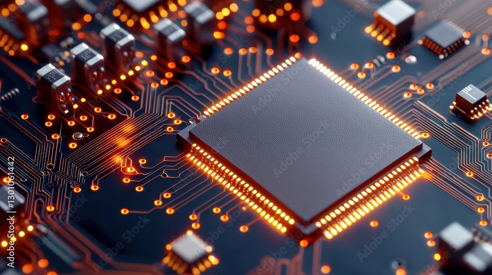 Poster semiconductor circuit board with microchips concept, intricate semiconductor circuit board with glow