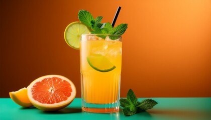 refreshing tropical drink garnished with citrus slices and mint against a vibrant backdrop