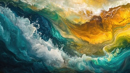 Naklejka premium Abstract waves of golden and blue water flowing together, resembling a surreal liquid landscape. Generative AI