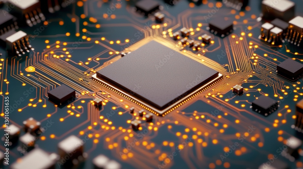 Poster semiconductor circuit board with microchips concept, close-up image of semiconductor circuit board f