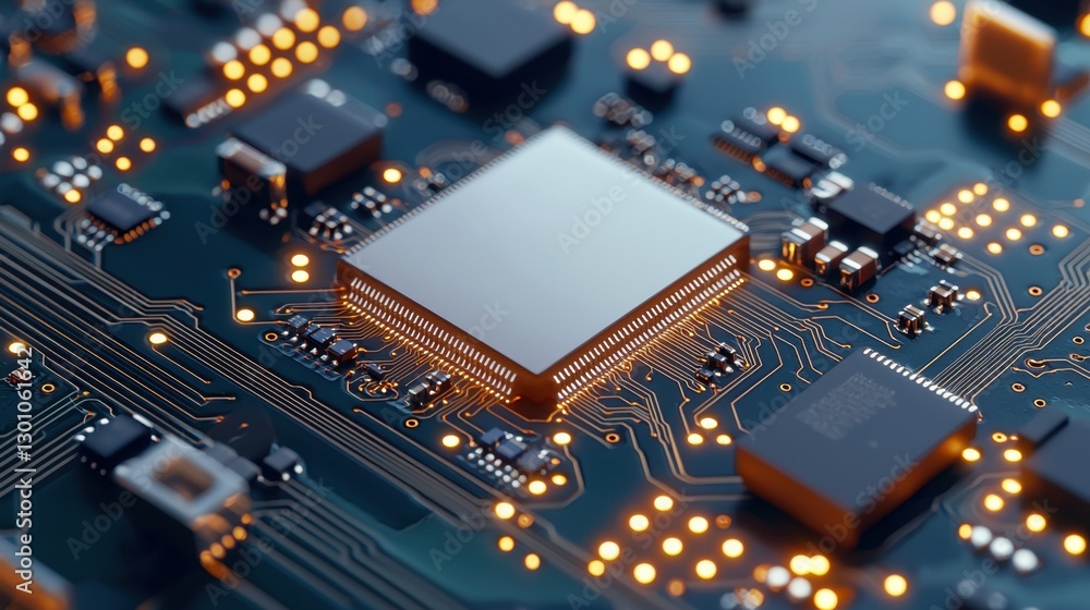 Poster semiconductor circuit board with microchips concept, close-up view of semiconductor circuit board fe