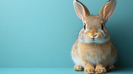 Obraz premium Springtime sweetness An adorable bunny with a carrot on a soft blue backdrop. Ideal for Easter messages.