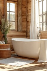 Bathroom with white bathtub and window