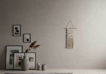 Neutral Beige Textured Wall Decor with Macrame Hanging