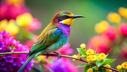 Obraz premium Vibrant Rainbow Bird Perched on a Branch Amidst a Burst of Colorful Blossoms in a Lush Garden Setting
