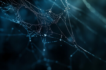 Beautiful dew drops on a spider web, macro photograph, nature background.