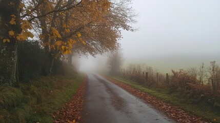 Fototapeta premium Misty country road lined with autumn trees and fallen leaves, creating a serene and atmospheric scene. Generative AI