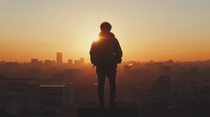 Fototapeta premium Silhouetted person with backpack standing on rooftop overlooking hazy sunset cityscape.