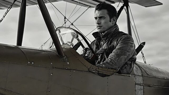 Vintage Aviator in a Classic Biplane - Black and White image