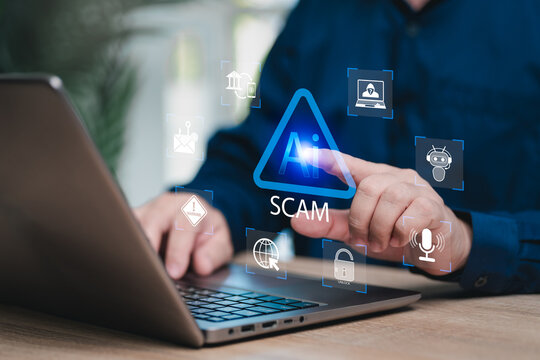 Cyber ​​swindling, Misuse of AI technology, Businessman touch on AI warning scam, Hacker, Banking, Personal security, Spam email, Voice spoofing, Personal information, Finger scan, Unlock code