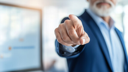businessman in suit points directly at viewer, conveying authority and confidence in modern office setting. background features blurred screen, enhancing professional atmosphere