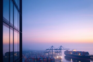 sprawling view of bustling international cargo port at dawn vibrant shipping containers stacked high against distant