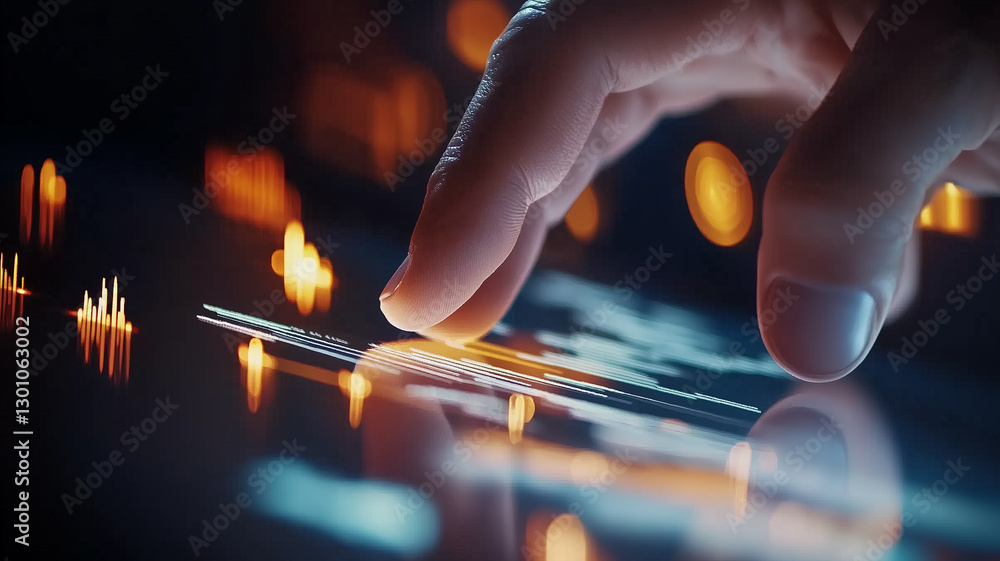 Aufkleber close up of finger interacting with digital touchscreen, showcasing vibrant data visualizations and 