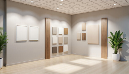Obraz premium Modern art display in a bright room with wooden accents for blogs, websites, interior design projects, decor inspiration, promotional materials, and creative presentations