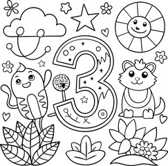 Cute Animals Number 3 Coloring Page