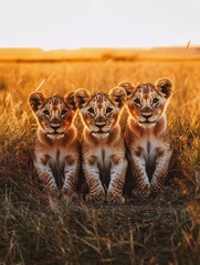 Obraz premium Young lions on grassy field