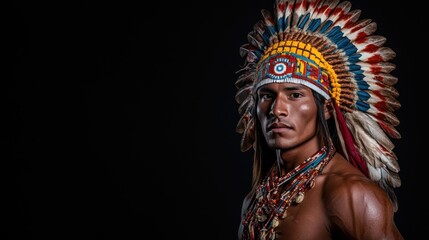 Native American man in traditional clothing with raised hand, Indigenous People's Day concept, with headdress banner and copy space.