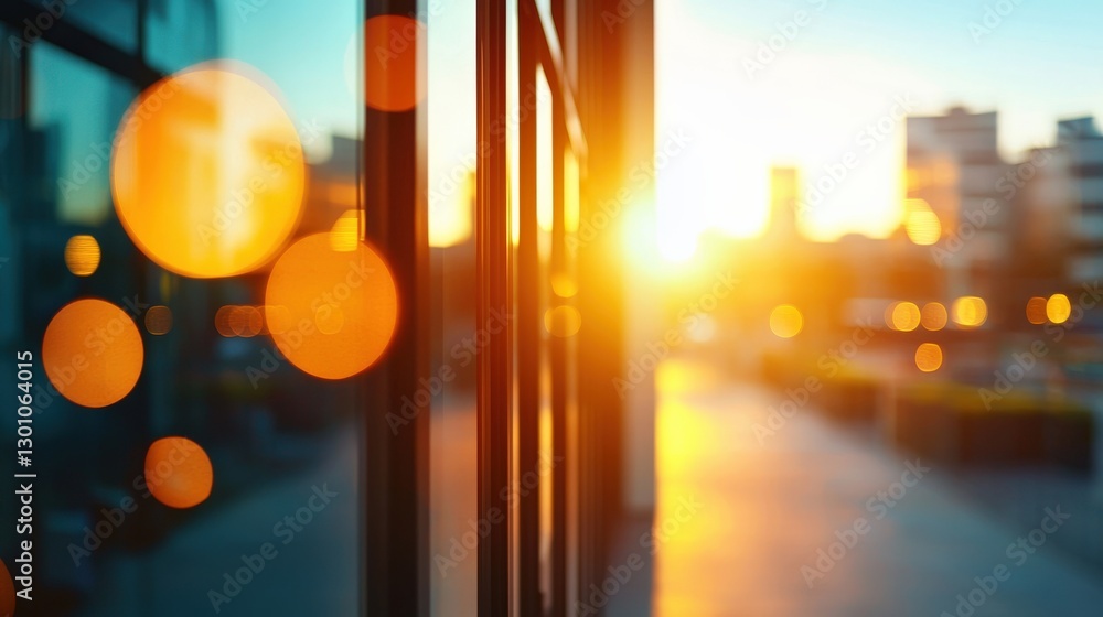 Poster sunset reflection with bokeh effect on urban building glass.