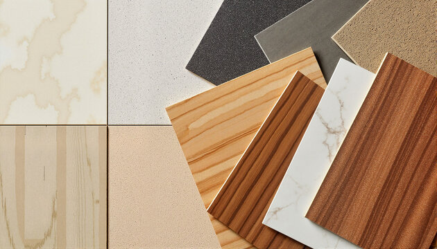 Variety of decorative laminate samples showcasing textures and colors for interior design blogs, websites, home improvement projects, and materials for renovation presentations