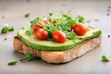 close-up of rustic wooden table holding artfully plated avocado toast garnished with cherry tomatoes and microgreens