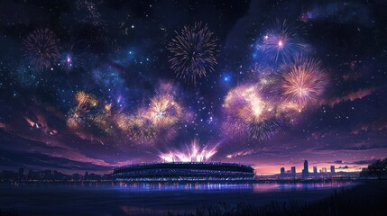 Vibrant fireworks explode over a stadium at night, reflecting on the water.