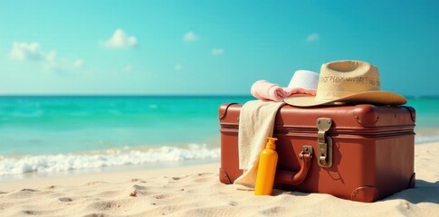 Retro suitcase packed for a beach getaway; sunscreen, towel, and hat, coastal, accessories