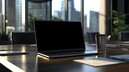 Modern Office Workspace with Laptop and Plants, A modern office workspace featuring a laptop on a wooden table surrounded by plants