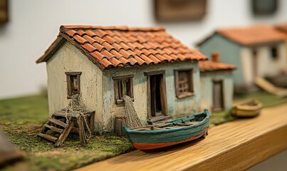Rustic Coastal Miniature House with Teal Boat