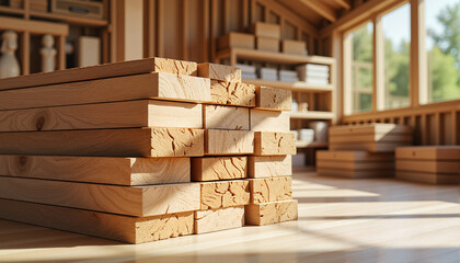 Stacked wooden planks in a bright workshop for blogs, websites, building materials promotions, stationery design, construction guides, DIY projects, and home improvement presentations