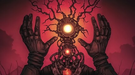 A robotic figure raises its arms, channeling energy from glowing orbs while surrounded by chaotic electrical tendrils against a vibrant red sky. This artwork evokes a sense of power and technology