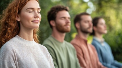 Obraz premium A serene group of individuals practicing mindfulness outdoors, showcasing calm expressions and a sense of tranquility in nature.