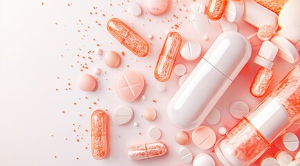 A vibrant pink collection of pink and white capsules, tablets, and candies is spread out on a light surface, showcasing various shapes and sizes, creating an appealing visual display