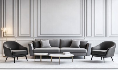 Elegant gray sofa and armchairs in a modern living room with white paneled walls.