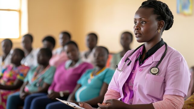 A healthcare professional sits attentively in a clinic, surrounded by a group of women, some of whom are pregnant, highlighting community health education.