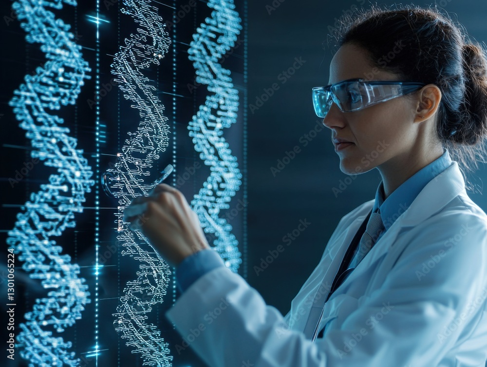 Poster a scientist in a lab coat examines and interacts with a digital representation of dna strands, showc
