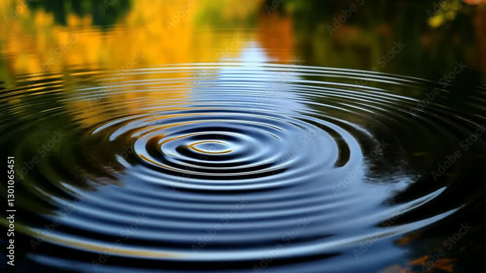 Poster ripples create mesmerizing patterns on a calm pond surrounded by autumn foliage during midday