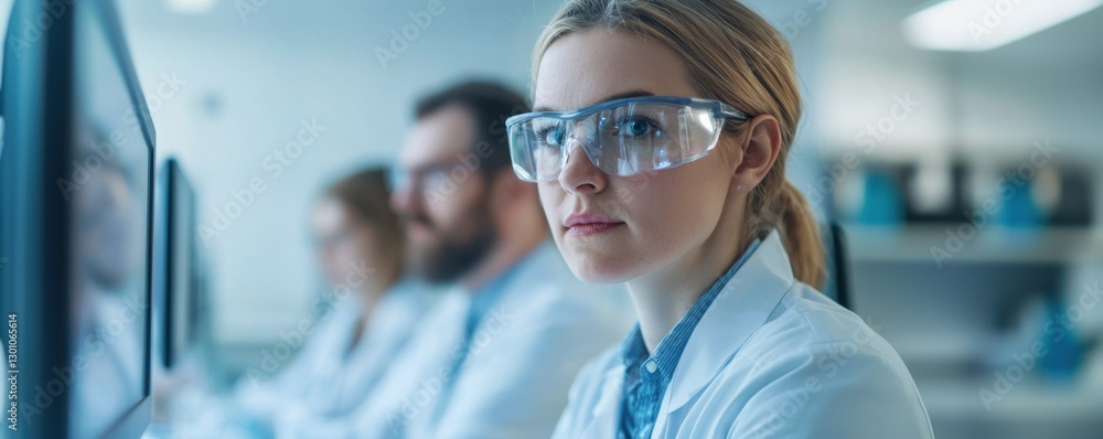 Poster a focused scientist wearing glasses and a lab coat works intently at a computer in a modern laborato